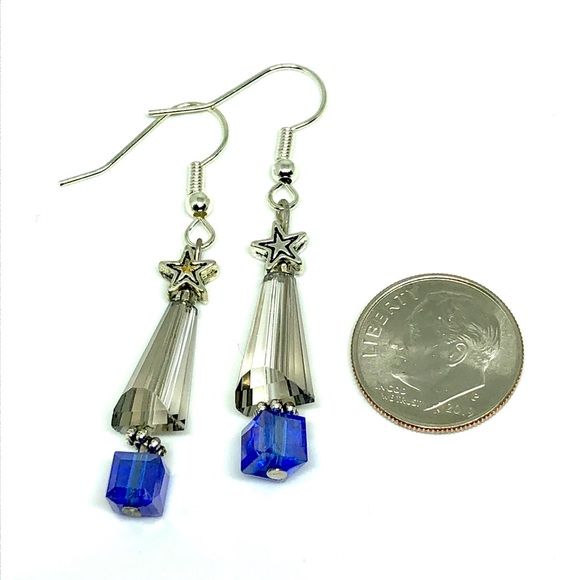 Silver Gray Royal Blue Crystal Cone and Cube Silver Star Christmas Tree Earrings - Picture 2 of 2